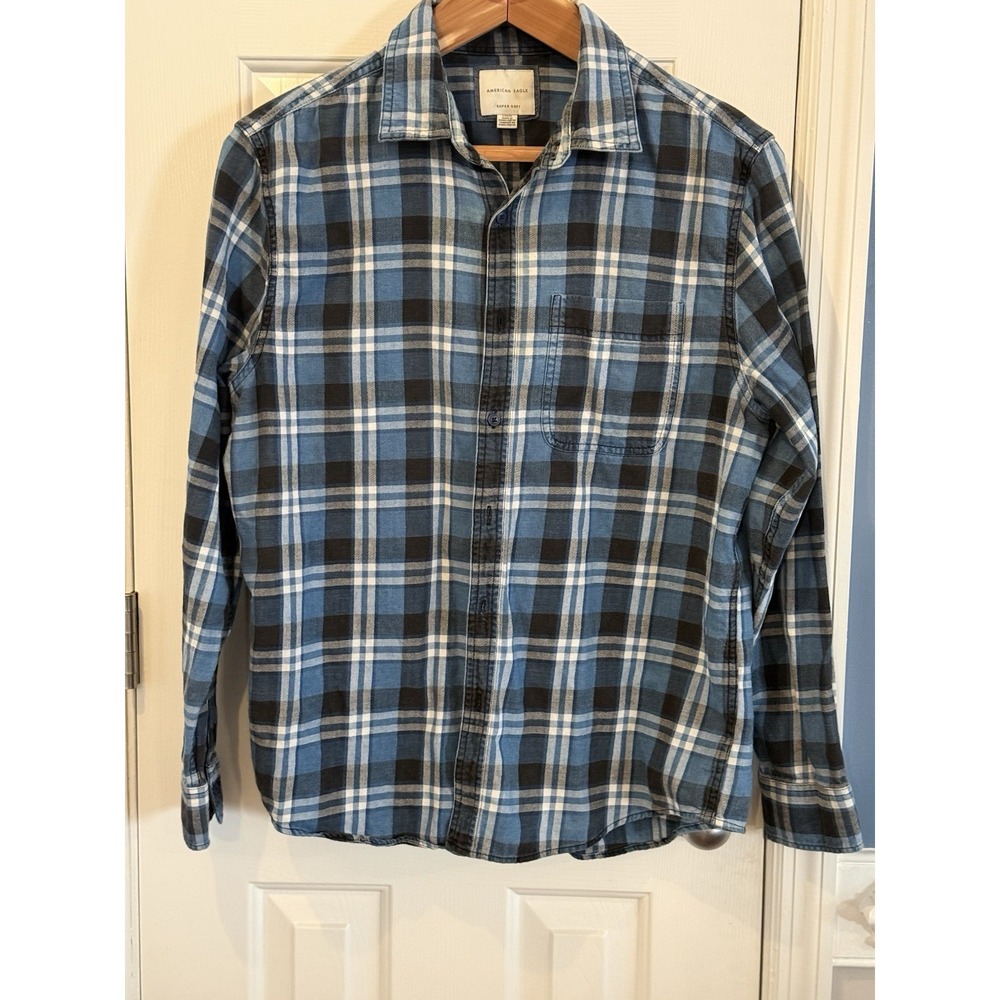 American Eagle Super Soft Plaid Shirt Blue Cotton Men's Large Preppy Casual